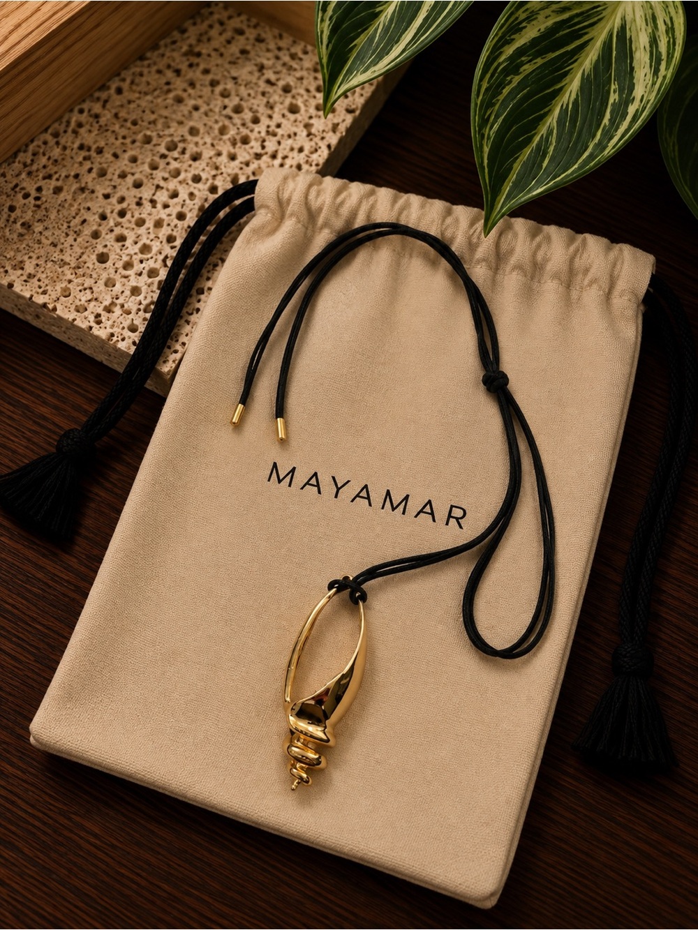 Mayamar Gold Shell Pendant Necklace with Black Cord